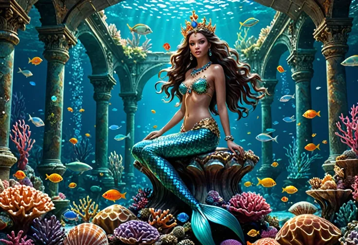 an underwater kingdom ruled by a majestic mermaid queen with her court of sea creatures amidst coral reefs and ancient sunken ships an enchanting underwater palace made of pearlescent shells and sparkling gems in a vibrant and fantastical style evoking a s...