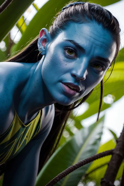 (Highest quality,4K,8K,High resolution,masterpiece:1.2),Naviman hunting in the Pandora Jungle, In Action, Blue Skin, Yellow Eyes, Pointed Ears, Super detailed,Realistic, High resolution,Physically Based Rendering, Professional, Vibrant colors, Bokeh, Portr...