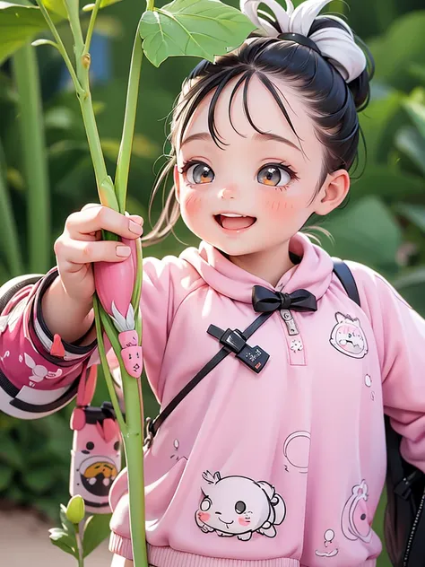 A little girl pulling up a carrot, black and white line drawing, twin ponytail hairstyle, happy expression, cute print style, simple lines