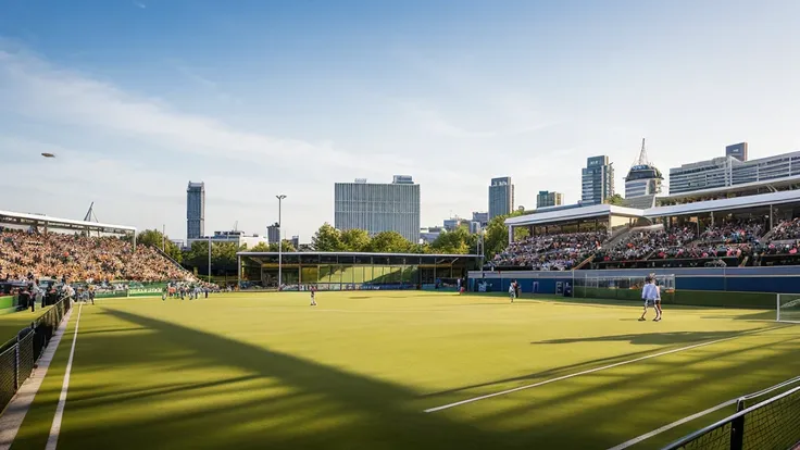 a panoramic view of LONDON Wimbledon striped tennis court in on a sun day, where golden light bathes the iconic clay courts. Without players. The stadium’s modern yet elegant architecture frames the action against the London city skyline with london eye. T...