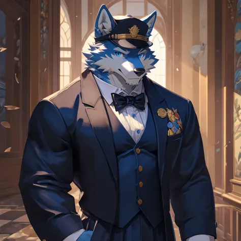 Masterpiece, Solo, Furry Light Blue Wolf, Light Blue Fur,Dark Blue Eyes, Dragon Horns,huge body, Muscular Body, Cool Pose, Charming, Handsome, Good Looking, tuxedo outfit, cap, cock