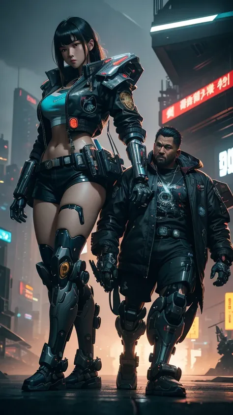 beautiful girl in short shorts and jacket standing next to brutal giant mecha cyborg, artwork in the style of guweiz, cyberpunk beautiful girl mech, trending on cgstation, guweiz, by Russell Dongjun Lu, digital cyberpunk art, ross tran 8 k, guweiz on artst...