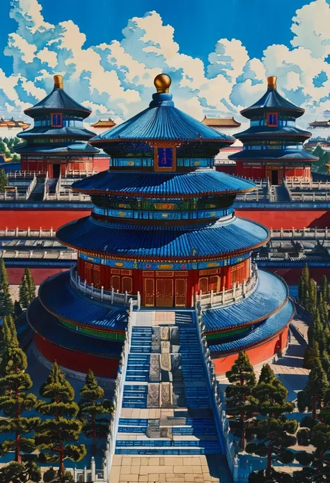 gangfeng, temple of heaven, , chinese architecture, white cloud, traditional design, stairs, symmetry, circular building, daytim...