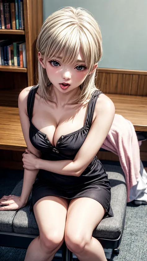 8K quality、High resolution、、Small and young breasts、Open the mouth to reveal a realistic tongue、Beautiful cleavage、Gray Hair、Thin legs、、Full Body Shot、Moist lips、Sitting at a desk looking at documents