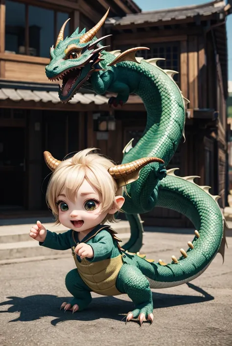 a great photo of 3D cartoon cute baby character, tiny chibi (dragon:1.3)_ realistic, dynamic, action 