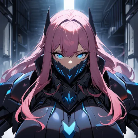 1girl,solo,pink hair color,long hair,light blue eyes,gigantic huge breasts,Wearing black sci-fi armor,Armor adheres closely to body lines,Cyber mask covering mouth,expressionless,icy stare,cold expression,Ruthless,disgusted eyes,close mouth,looking at view...