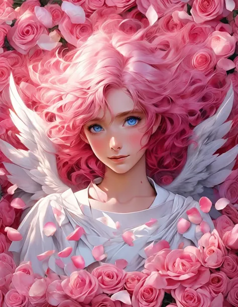 beautiful anime angel with pink hair and blue eyes surrounded by rose petals