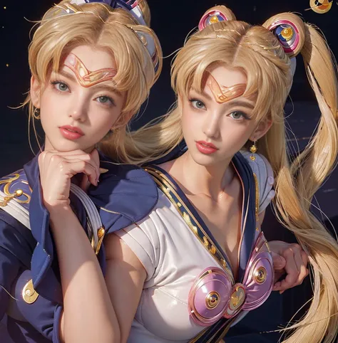 Highest quality，masterpiece，Ultra-high resolution, Very detailed, 8K，a 30 years old beautiful Japanese woman:1.5, Small face, Blonde, Breast Augmentation Surgery, (Detailed Sailor Moon costume:1.5), straddle