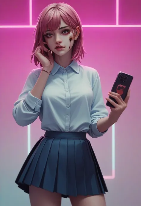 Beautiful girl in (pleated yoke skirt),с причёской Twin-Tail, with bloody hair, in neon background, M4A16 machine gun in hands, 3D wallpaper for phone.