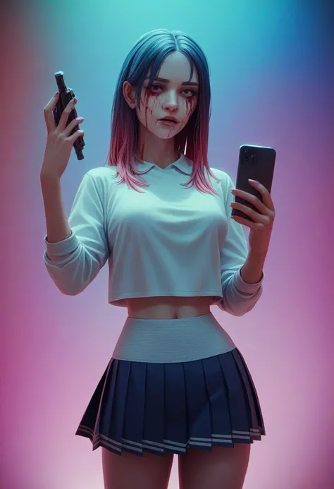 Beautiful girl in (pleated yoke skirt),с причёской Twin-Tail, with bloody hair, in neon background, M4A16 machine gun in hands, 3D wallpaper for phone.