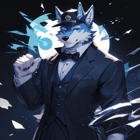 Masterpiece, Solo, Furry Light Blue Wolf, Light Blue Fur,Dark Blue Eyes, Horns, huge body, Muscular Body, Cool Pose, Charming, Handsome, Good Looking, tuxedo outfit, cap, naked