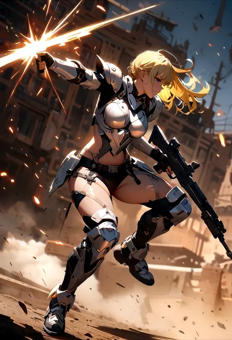 Combat Actions, Holding Weapons, Full Body,yellow HAIR, Super Sexy ,ultra-detailed, ((High resolution)),((high detailed)),Light Armor