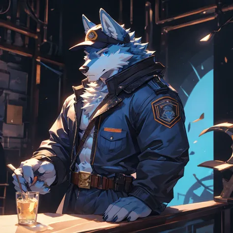 Masterpiece, Solo, Furry Light Blue Wolf, Light Blue Fur,Dark Blue Eyes, Horns, huge body, Muscular Body, Cool Pose, Charming, Handsome, Good Looking, big dick , cap