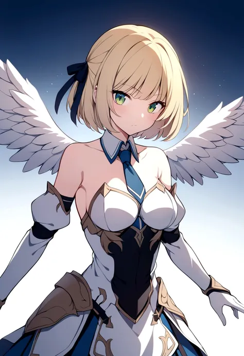 slender, mature female,rating:safe, 1girl, blonde_hair, green_eyes, solo, detached_collar, armor, gloves, bare_shoulders, ribbon, detached_sleeves, hair_ribbon, breasts, armored_dress, short_hair, closed_mouth, wings, looking_at_viewer, bangs, dress, white...