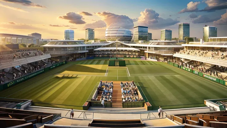 a panoramic view of LONDON Wimbledon striped tennis court in on a sun day, where golden light bathes the iconic clay courts. Without players. The stadium’s modern yet elegant architecture frames the action against the London city skyline with london eye. T...