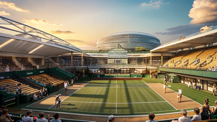 a panoramic view of LONDON Wimbledon striped tennis court in on a sun day, where golden light bathes the iconic clay courts. Without players. The stadium’s modern yet elegant architecture frames the action against the London city skyline with london eye. T...