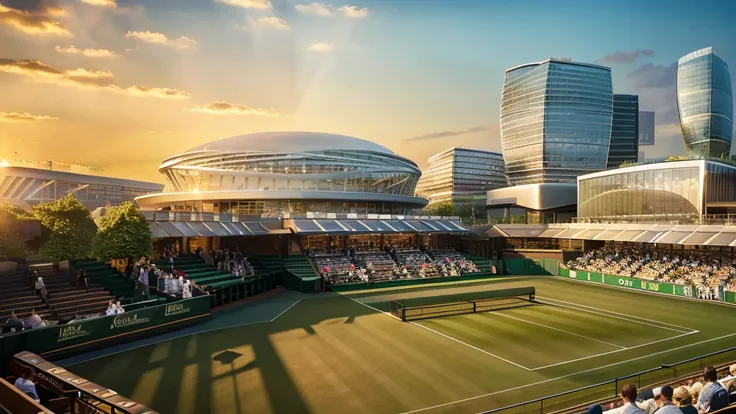 a panoramic view of LONDON Wimbledon striped tennis court in on a sun day, where golden light bathes the iconic clay courts. Without players. The stadium’s modern yet elegant architecture frames the action against the London city skyline with london eye. T...