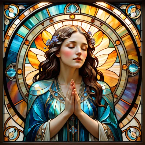 painting of a woman praying in a stained glass window, an art deco painting inspired by mucha, deviantart, metaphysical painting, maxim verehin stained glass, stained glass art, art deco of a space woman, stained glass style, stained glass futuristic churc...