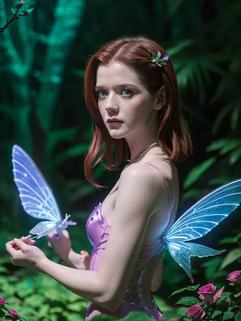 rose leslie as a fairy,extremely detailed,(best quality:1.2),(8k:1.2),sharp focus,(subsurface scattering:1.1),award-winning photograph,professional portrait photography,(close-up shot:1.1),(glowing bioluminescent forest:1.2),rainbow fairy wings,sensual exp...