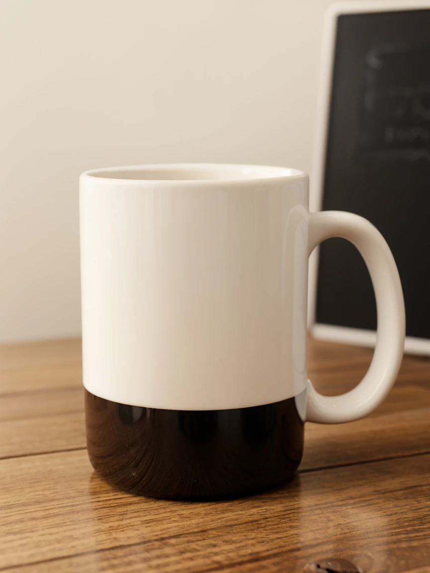 A white paper coffee mug, with similar label to Starbucks, black and blank background, 