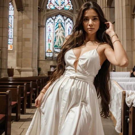 1girl in, 30 years old, Square face, Long hair, Looking at viewer, jewelry, Reality, Sexy, bridal page, church background, free pose