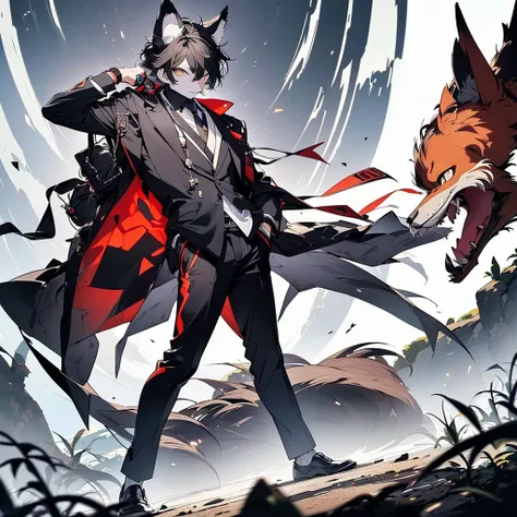 ((((Werewolf in stylish astringent suit , Wolf ears,Wolf nose,Wolf hand,Exudes elegance, Man in his 50s, Deep brown hair, Wearing elegant accessories, Holding a gun,fullllbody))),  No background, Striped hair, eye reflections, high detailing, Gothic art, B...