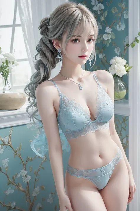 blue lace thong&Good, (((Very elegant and beautiful, Perfect detail, Super detailed))), whole body, The most detailed girl, Depth of written boundary, 美しく詳細なwhole body, Thin legs, 1 girl, 30 years old, Very short hair, Spiked Hair, Gray and silver hair, Be...