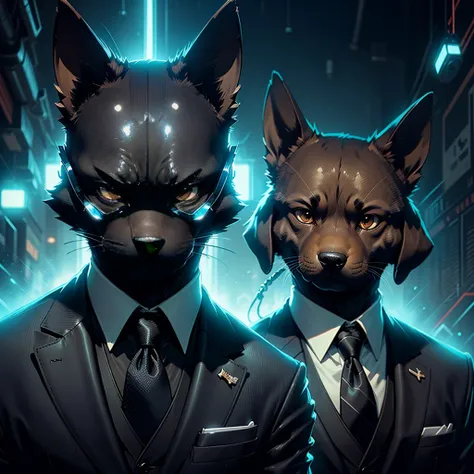 (Man in black suit and tie)comic strip、Anthropomorphic Doberman dog、cyberpunked