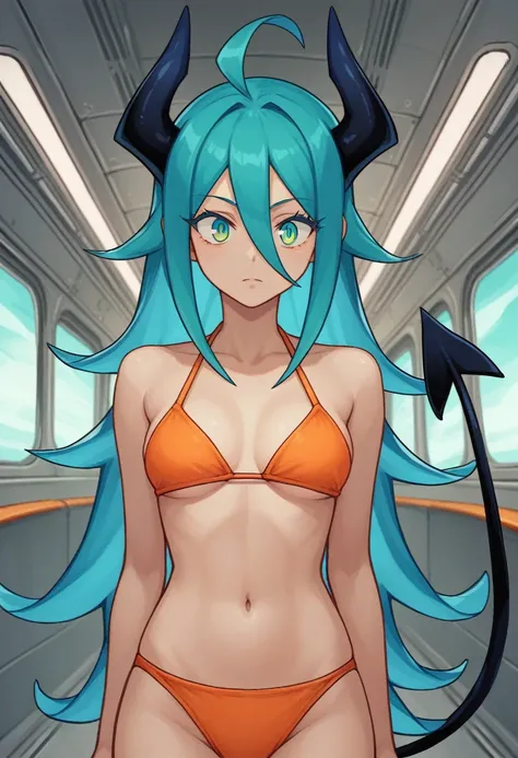 score_9, score_8_up, score_7_up,1 daemon woman, black  demon horns, black demon tail, (aquamarine hair),aquamarine green color hair,ahoge, long hair, (long hair),bangs, light orange bikini, bikini is orange, bikini orange, orange bikini!, (aquamarine eyes)...