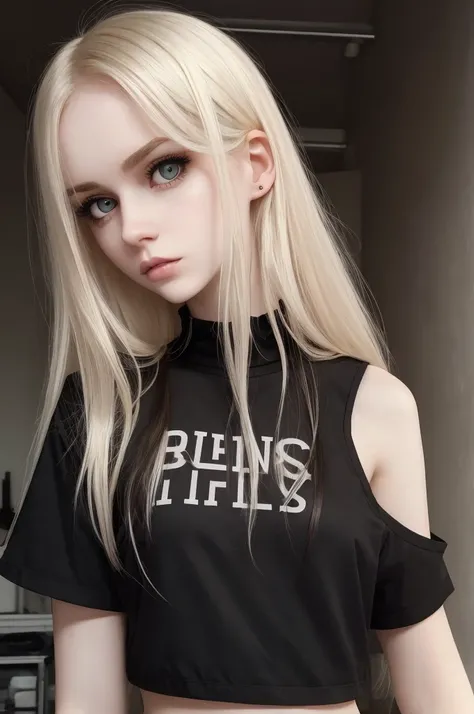 (best quality), 1girl, female, pale skin, (black hair), blonde ombre, medium hair, messy hair, hair over eyes, (brown eyes), perfect eyes, dark circles under eyes, skinny body, , flat chest, goth fashion, childish, masterpiece, anatomically correct, highre...