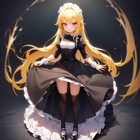 ((Maid)),Frills,corset,Cute little loli,Tiny Lori,Small girl,,Childish face, Very fine clean face,Top quality, Big eyes,Straight Hair,Yellow hair,Crimson Eye,(Dark Room), Subtle light, Natural light,Soft lighting,Light from directly behind, (Are standing),...