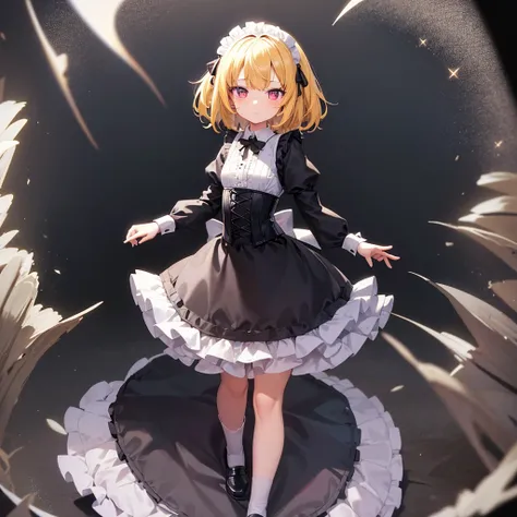 ((Maid)),Frills,corset,Cute little loli,Tiny Lori,Small girl,,Childish face, Very fine clean face,Top quality, Big eyes,Straight Hair,Yellow hair,Crimson Eye,(Dark Room), Subtle light, Natural light,Soft lighting,Light from directly behind, (Are standing),...