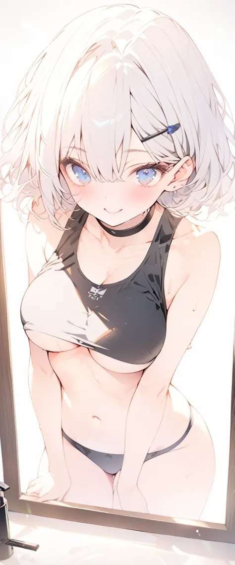 beautiful, masterpiece, Highest quality, anime, One girl, C Cup,Portrait Shot, View your viewers, Covered、Short Hair、nearby、Blue Eyes、art、、White hair,Blue streaked hair、hairpin、Cute smile、Thighs、Cute、Beautiful breasts、Sweat、Sports bra、panties、Through the m...