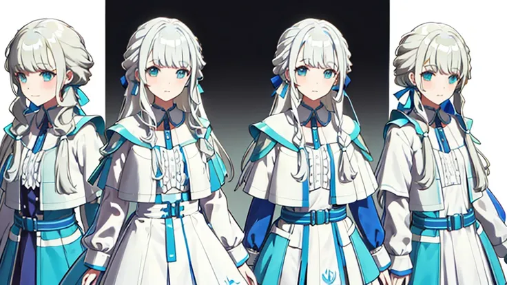 three views、Character Design、whole body、White Hair、Blue-green eyes、Long Hair、Straight Hair、White dress、mysterious、White background