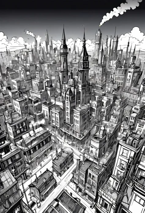 Simple flat, hand drawn line-art outline, black and white dense steam-punk cityscape in elevation, spelling out R 