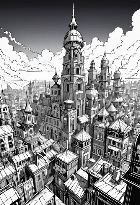 Simple flat, hand drawn line-art outline, black and white dense steam-punk cityscape in elevation, spelling out R 