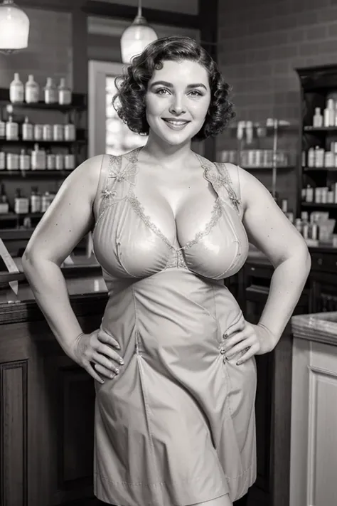 a beautiful young woman, 25 years old, pharmacist, wavy light brown hair, medium short haircut, white dress, medical uniform, curvy body, big breasts, cleavage, masterpiece, extra high detail, standing behind the counter in drugstore, hyperrealistic, photo...