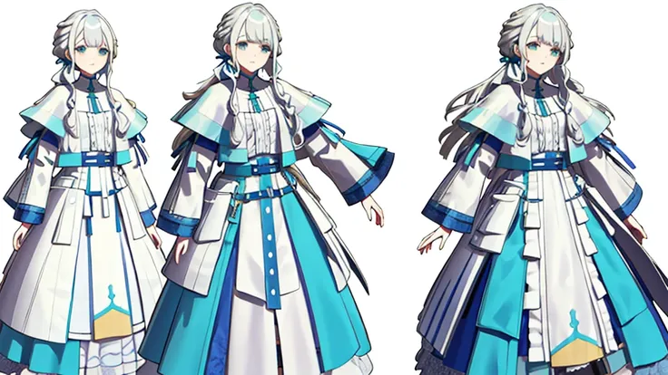 three views、Character Design、rough、whole body、White Hair、Blue-green eyes、Long Hair、Straight Hair、White dresysterious、White background