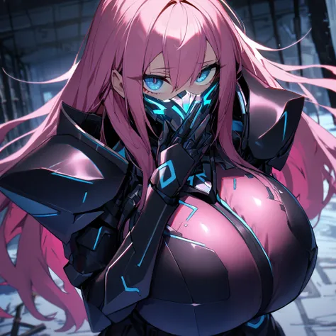 1girl,solo,pink hair color,long hair,light blue eyes,gigantic huge breasts,Wearing black sci-fi armor,Armor adheres closely to body lines,Cyber mask covering mouth,expressionless,icy stare,cold expression,Ruthless,disgusted eyes,close mouth,looking at view...