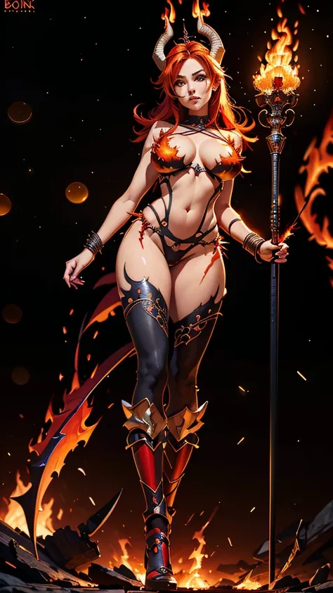 (From below), (fully body:1.5),1 Sexy Demon, queen of the damned, Woman, busty, curvy hips, skull, lowleg panties, (holding flames:1.4), Crown of the thorns of the skeletal ram, Flame Shoes, Dynamic Digital Painting, (bokeh:1.5)，Epic composition, improve t...