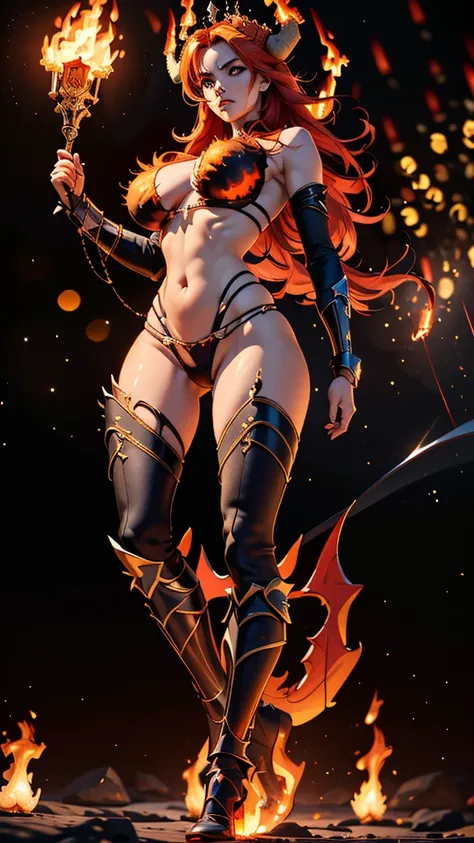 (From below), (fully body:1.5),1 Sexy Demon, queen of the damned, Woman, busty, curvy hips, skull, lowleg panties, (holding flames:1.4), Crown of the thorns of the skeletal ram, Flame Shoes, Dynamic Digital Painting, (bokeh:1.5)，Epic composition, improve t...