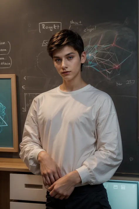 A beautiful young man, a cute male twink, with black hair, a face with reddish make-up, wearing a bright white long-sleeved shirt and aqua blue pants. He is in his office, and behind him is a blackboard on which is written the shape of the brain and its an...