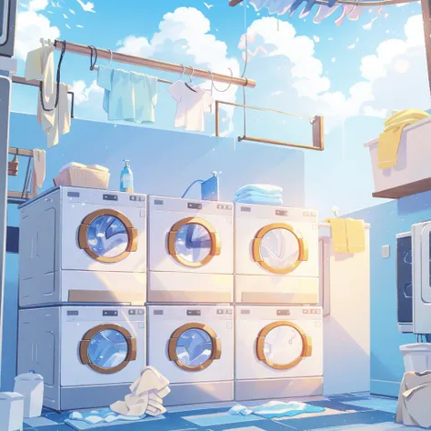 No humans,balcony，((washing machine:1.4))，Clothes to dry，Distant city scenery，sky scraper，Sun and blue sky、Ultra-high quality
