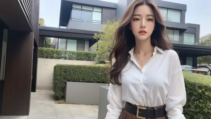 (Best quality, High resolution, Masterpiece :1.3), A tall and pretty woman, Slender abs, Dark brown hair styled in loose waves, Breasts, Wearing pendant, White button up shirt, Belt, Black skirt, (Modern architecture in background), Details exquisitely ren...