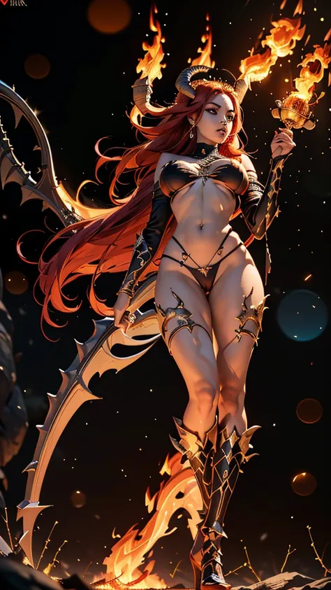 (From below), (fully body:1.5),1 Sexy Demon, queen of the damned, Woman, busty, curvy hips, skull, lowleg panties, (holding flames:1.4), Crown of the thorns of the skeletal ram, Flame Shoes, Dynamic Digital Painting, (bokeh:1.5)，Epic composition, improve t...