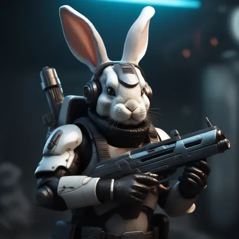 anthoropomorphic rabbit warrior from the future holding a blaster, closeup