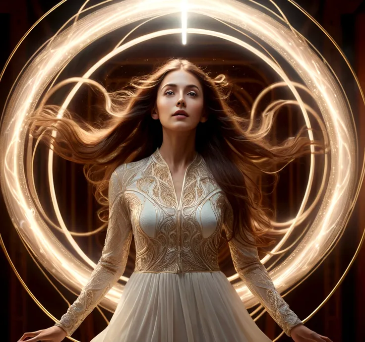 a woman levitating in a surreal, dreamlike environment, realistic, photorealistic, highly detailed, intricate, beautiful eyes, elegant face, long flowing hair, graceful pose, surrounded by glowing magnetic energy fields, ethereal, otherworldly, warm color ...