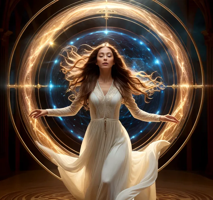 a woman levitating in a surreal, dreamlike environment, realistic, photorealistic, highly detailed, intricate, beautiful eyes, elegant face, long flowing hair, graceful pose, surrounded by glowing magnetic energy fields, ethereal, otherworldly, warm color ...