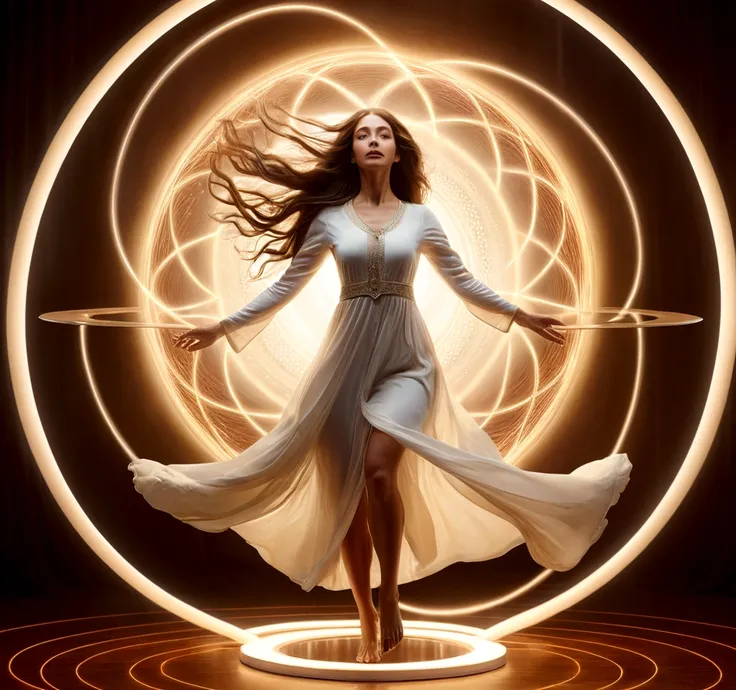 a woman levitating in a surreal, dreamlike environment, realistic, photorealistic, highly detailed, intricate, beautiful eyes, elegant face, long flowing hair, graceful pose, surrounded by glowing magnetic energy fields, ethereal, otherworldly, warm color ...