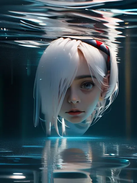 short white hair girl, with white jacket and headband, reflected in crystal clear waters,full hd,8k,realist